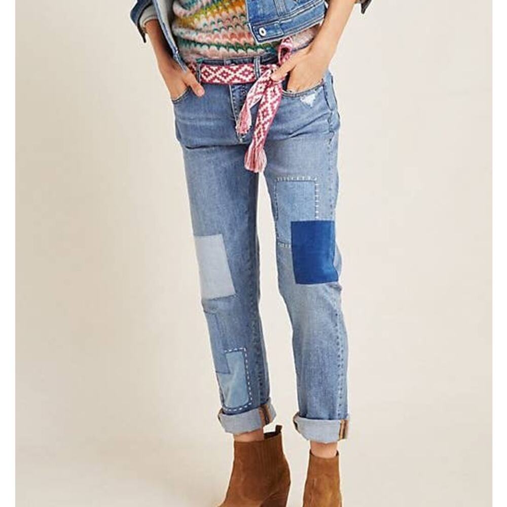 Pilcro & the Letterpress Anthropologie blue patchwork slim boyfriend jeans 25